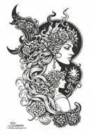 Poseidon, Artemis, Demeter, and Dionysus tattoo design. Black and white tattoo design idea