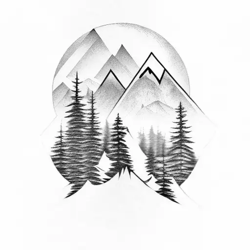 forest with mountains in background and wolf silhouette on top of a mountain tattoo design idea