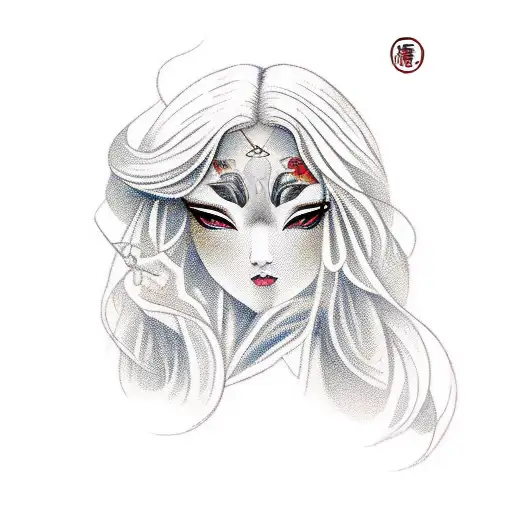 An elegant young female, long blonde hair and large eyes, finely detailed perfect face, holding samurai sword tattoo design idea