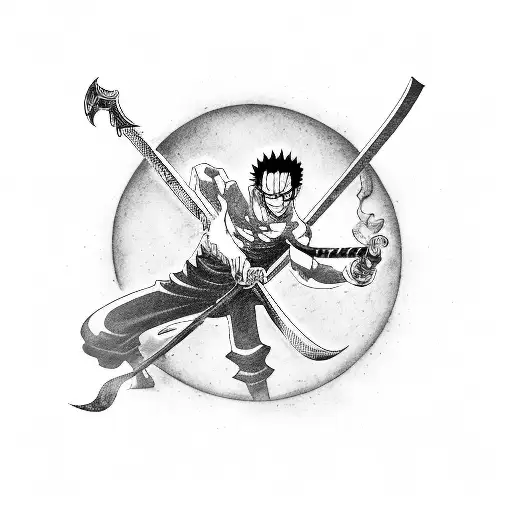 A tattoo of Roronoa Zoro from One Piece in a dynamic pose, wielding his swords, with a background inspired by the Chamber of Valorant map. tattoo design idea
