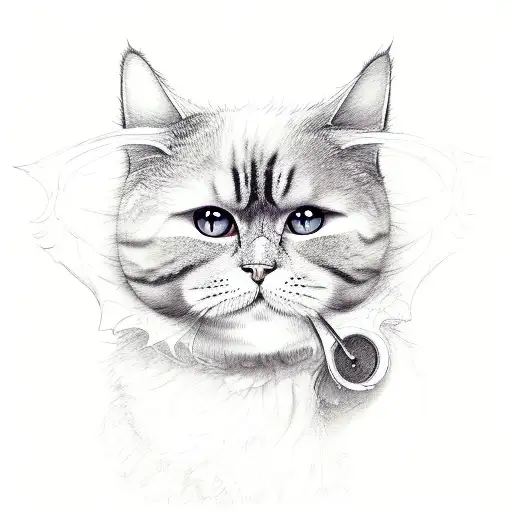 fluffy cat with bat wings tattoo design idea