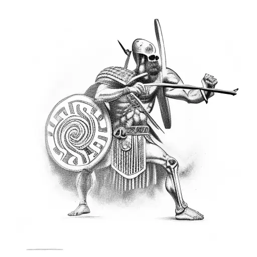 A fierce Greek warrior battling a skeleton in a Croatian landscape tattoo design idea