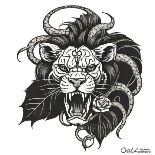 lion head skull head surrounded snake intertwined roses tattoo design idea