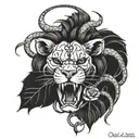 lion head skull head surrounded snake intertwined roses tattoo design idea