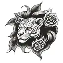lion head skull head surrounded snake intertwined roses tattoo design idea