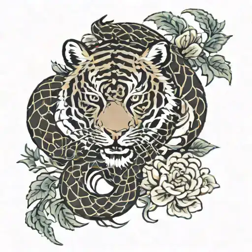tiger snake wrapped with vines and chrysanthemum flower tattoo design idea