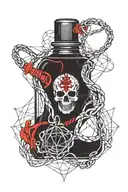 poison bottle with red string theory interwoven tattoo design idea