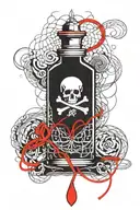 poison bottle with red string theory interwoven tattoo design idea
