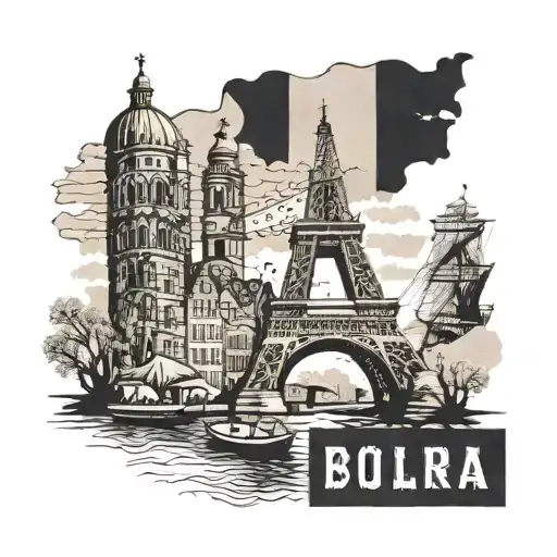 A vintage postcard design with illustrations of iconic landmarks from Belgium, Netherlands, Germany, Poland, Czechia, Hungary, Serbia, and Switzerland tattoo design idea