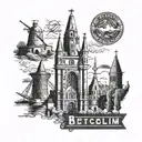 A vintage postcard design with illustrations of iconic landmarks from Belgium, Netherlands, Germany, Poland, Czechia, Hungary, Serbia, and Switzerland tattoo design idea