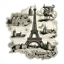A vintage postcard design with illustrations of iconic landmarks from Belgium, Netherlands, Germany, Poland, Czechia, Hungary, Serbia, and Switzerland tattoo design idea