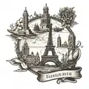A vintage postcard design with illustrations of iconic landmarks from Belgium, Netherlands, Germany, Poland, Czechia, Hungary, Serbia, and Switzerland tattoo design idea