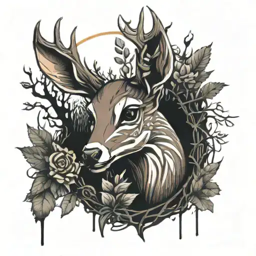 doe with white eyes dark forest tattoo design idea