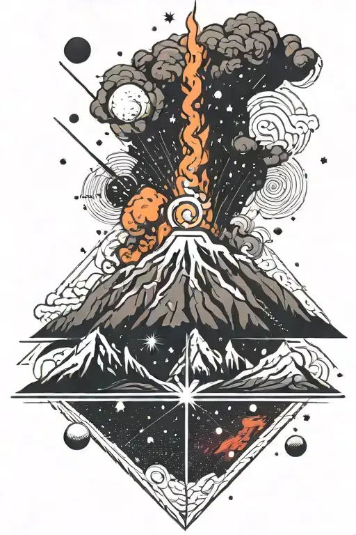 an erupting volcano with an outer space background with galaxies, planets and stars tattoo design idea