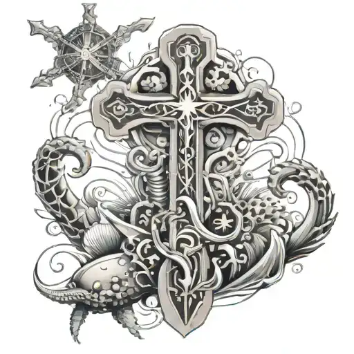 cross surrounded by water bouy and sea life  tattoo design idea