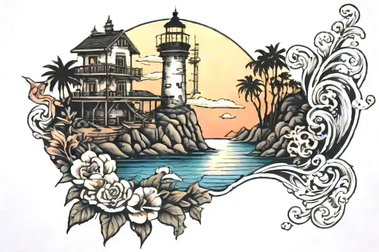 sunken city in san Pedro California at sunset scene tattoo design idea