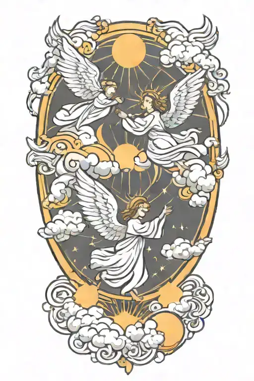 clouded sky with sun shining angels flying tattoo design idea