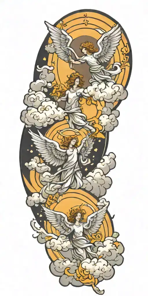 cloudy sky with sun shining angels flying tattoo design idea