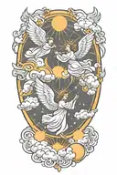 clouded sky with sun shining angels flying tattoo design idea