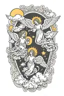 clouded sky with sun shining angels flying tattoo design idea