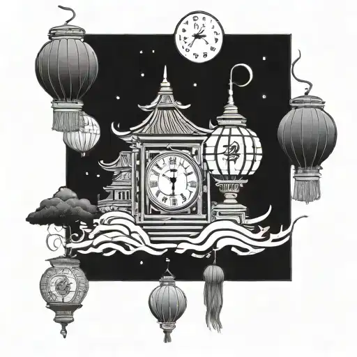 Traditional Vietnamese lanterns floating in the night sky, with a clock showing 4:44am and Buddhist symbols intertwined tattoo design idea