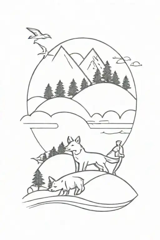 fishing, family, beach, forest, mountains inside tattoo design idea