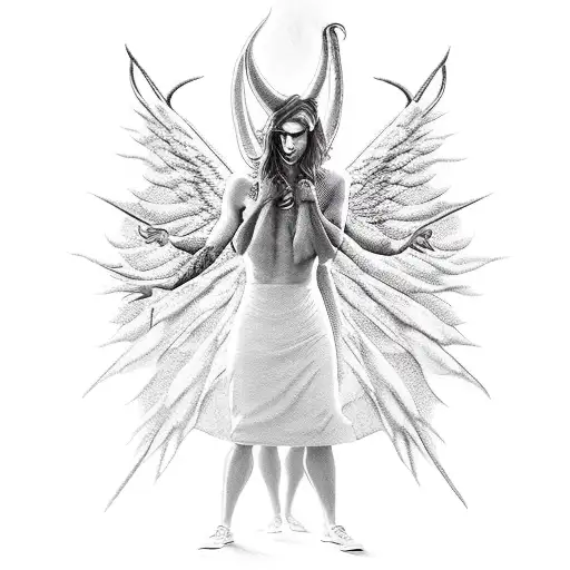 devil standing on an angel's head tattoo design idea