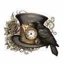 A raven perched on a Alice in Wonderland top hat with a tea cup and clock next to the hat  tattoo design idea