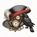 A raven perched on a Alice in Wonderland top hat with a tea cup and clock next to the hat  tattoo design idea