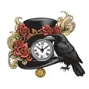 A raven perched on a Alice in Wonderland top hat with a tea cup and clock next to the hat  tattoo design idea