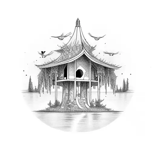Weeping Willow with tilted high post with birdhouse on top to the left and open gate to the right tattoo design idea