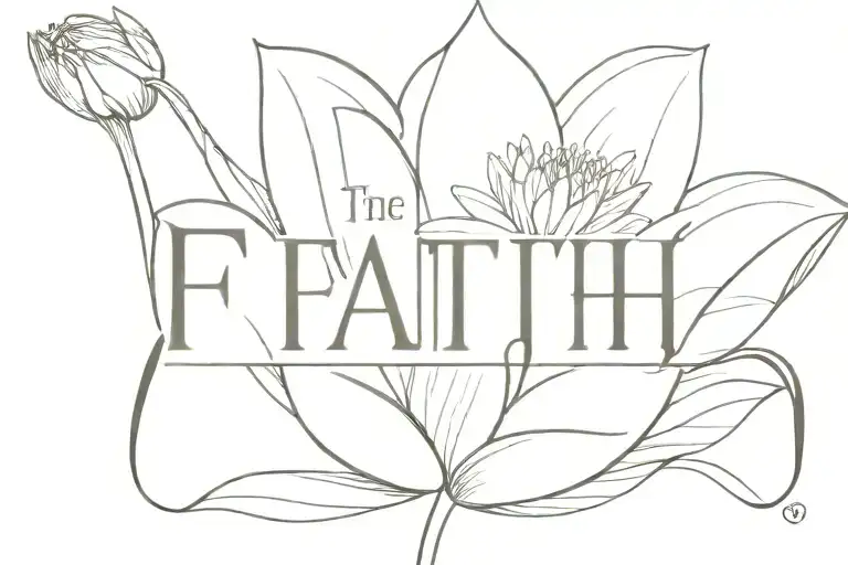 the word faith with a waterlily blooming tattoo design idea