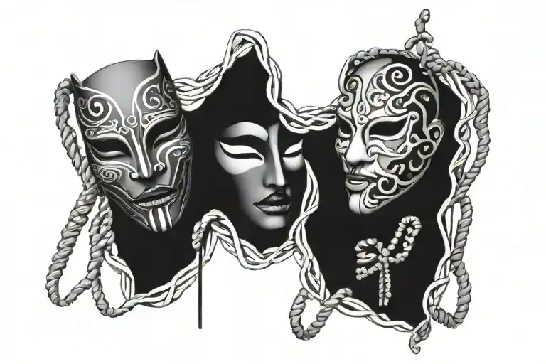tragedy and comedy masks with the strings on masks being made of dna strands tattoo design idea