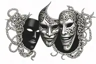 tragedy and comedy masks with the strings on masks being made of dna strands tattoo design idea