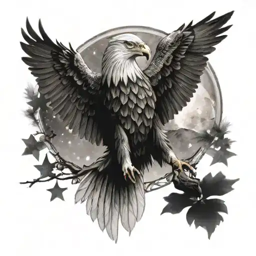 full back tattoo with eagle on top and arias on bottom. there is moon and stars over eagle  tattoo design idea