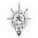 An open book with atheism symbols and a light bulb shining above it tattoo design idea