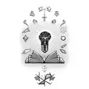 An open book with atheism symbols and a light bulb shining above it tattoo design idea