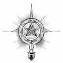 An open book with atheism symbols and a light bulb shining above it tattoo design idea