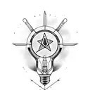 An open book with atheism symbols and a light bulb shining above it tattoo design idea