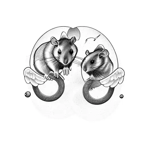 A black and white, outline style tattoo of two pet rats playing; both pet rats have halos and angel wings tattoo design idea