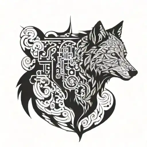 Incorporate intricate circuit patterns into a wolf silhouette tattoo design idea