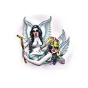 Angels with fishnets smoking cigarettes on a rooftop  tattoo design idea