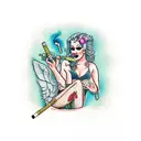 Angels with fishnets smoking cigarettes on a rooftop  tattoo design idea