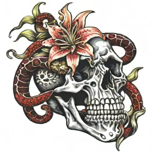 skeleton hand holding a red snake with lily flowers tattoo design idea