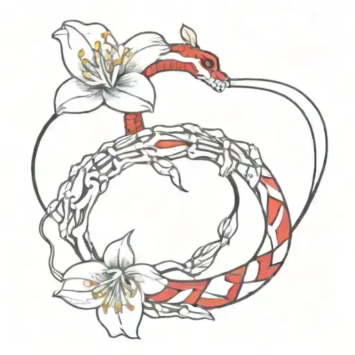 skeleton hand holding a red snake with lily flowers tattoo design idea