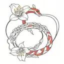 skeleton hand holding a red snake with lily flowers tattoo design idea