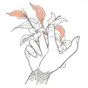 skeleton hand holding a red snake with lily flowers tattoo design idea