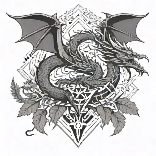 dragon with ferns and birds tattoo design idea