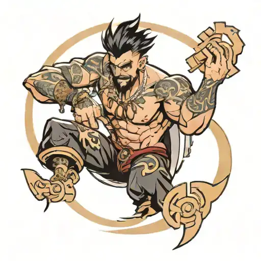 Draven from league of legends spinning a black swastika tattoo design idea