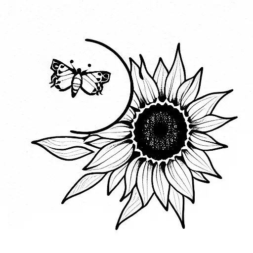 Sunflower and moon and butterfly tattoo design idea